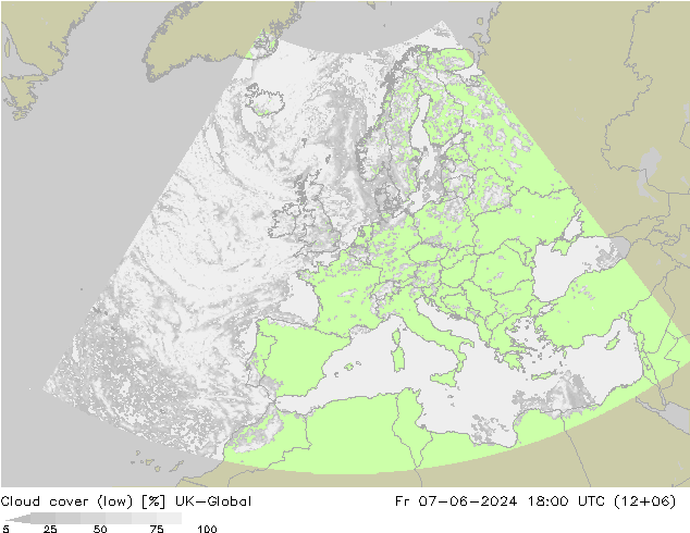 Cloud cover (low) UK-Global Fr 07.06.2024 18 UTC