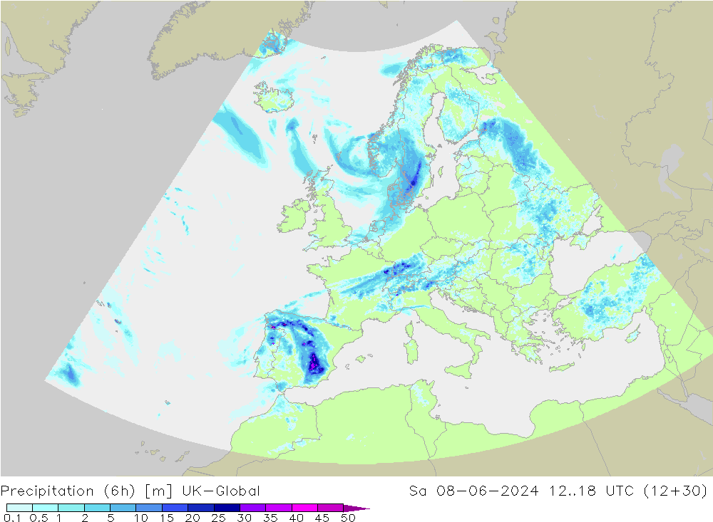 Totale neerslag (6h) UK-Global za 08.06.2024 18 UTC