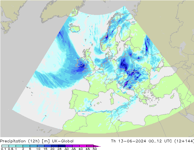 Precipitazione (12h) UK-Global gio 13.06.2024 12 UTC