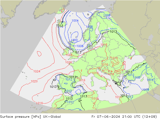 Atmosférický tlak UK-Global Pá 07.06.2024 21 UTC