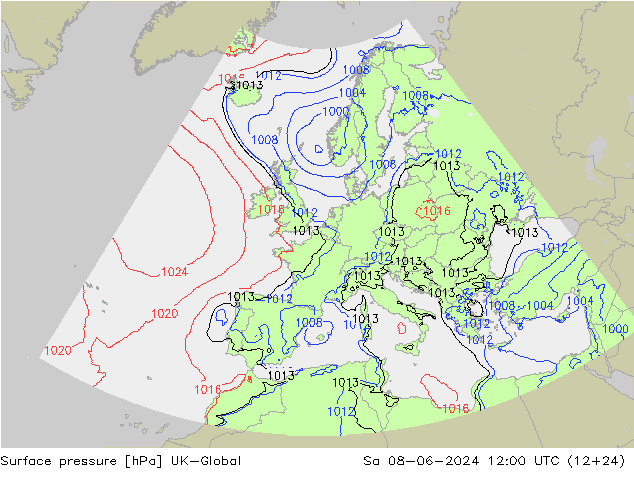 地面气压 UK-Global 星期六 08.06.2024 12 UTC