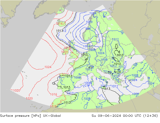 Presión superficial UK-Global dom 09.06.2024 00 UTC