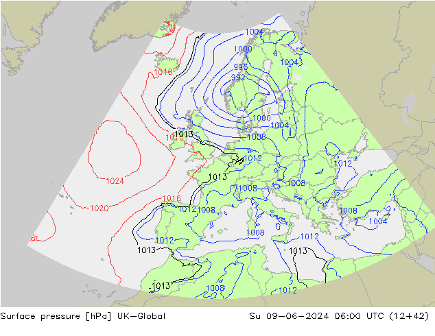 Atmosférický tlak UK-Global Ne 09.06.2024 06 UTC