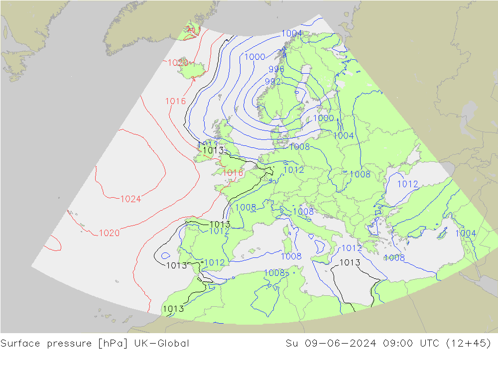 Surface pressure UK-Global Su 09.06.2024 09 UTC
