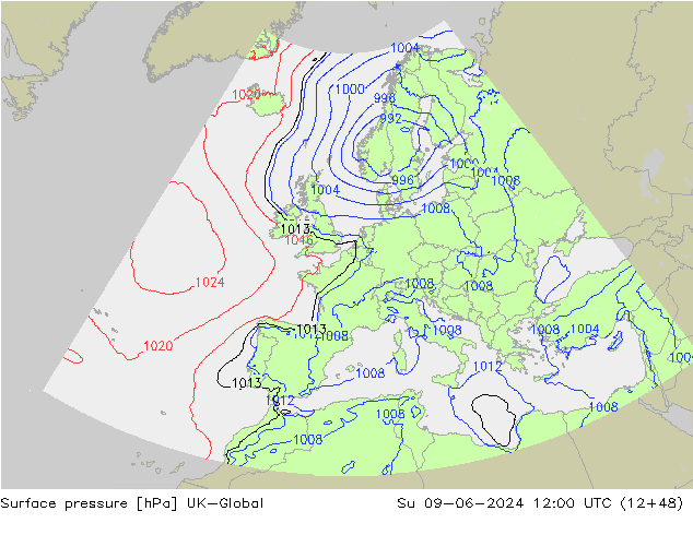 Atmosférický tlak UK-Global Ne 09.06.2024 12 UTC