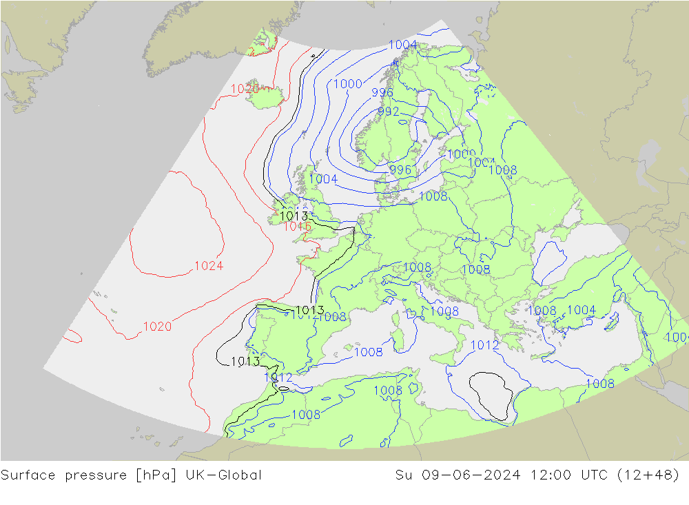 Surface pressure UK-Global Su 09.06.2024 12 UTC