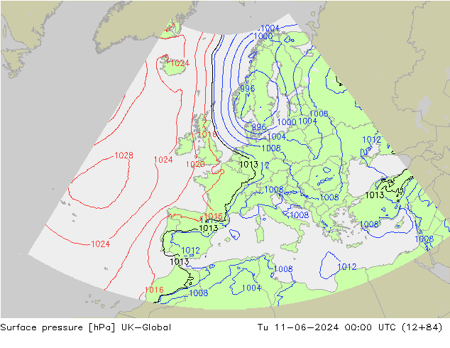 Surface pressure UK-Global Tu 11.06.2024 00 UTC