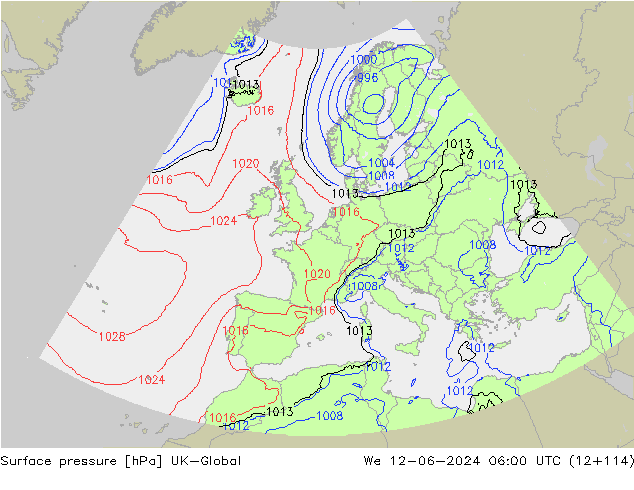 Pressione al suolo UK-Global mer 12.06.2024 06 UTC