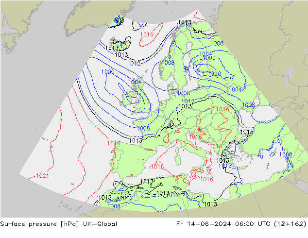 Pressione al suolo UK-Global ven 14.06.2024 06 UTC