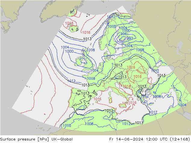 Pressione al suolo UK-Global ven 14.06.2024 12 UTC