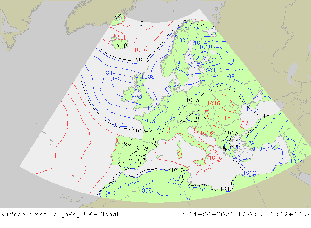 Surface pressure UK-Global Fr 14.06.2024 12 UTC