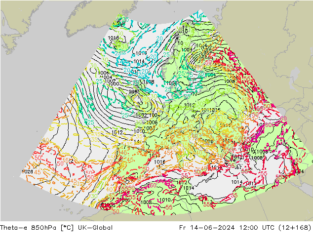 Theta-e 850hPa UK-Global Fr 14.06.2024 12 UTC