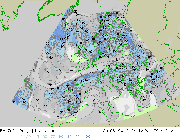 Humedad rel. 700hPa UK-Global sáb 08.06.2024 12 UTC