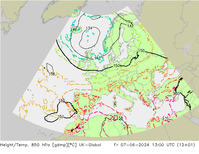 Height/Temp. 850 hPa UK-Global  07.06.2024 13 UTC