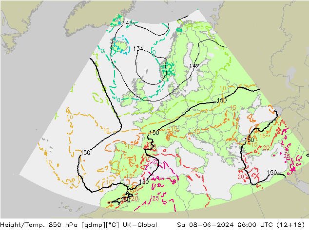 Height/Temp. 850 hPa UK-Global So 08.06.2024 06 UTC