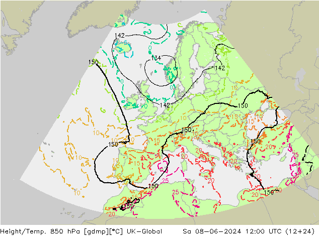 Height/Temp. 850 hPa UK-Global so. 08.06.2024 12 UTC