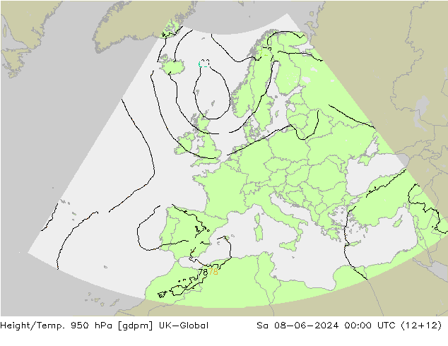 Yükseklik/Sıc. 950 hPa UK-Global Cts 08.06.2024 00 UTC