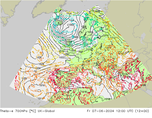 Theta-e 700hPa UK-Global Fr 07.06.2024 12 UTC