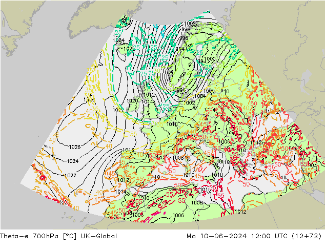 Theta-e 700hPa UK-Global Mo 10.06.2024 12 UTC
