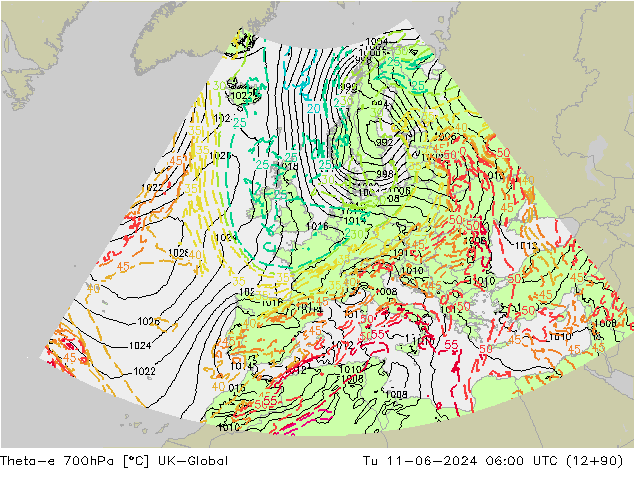 Theta-e 700hPa UK-Global Tu 11.06.2024 06 UTC