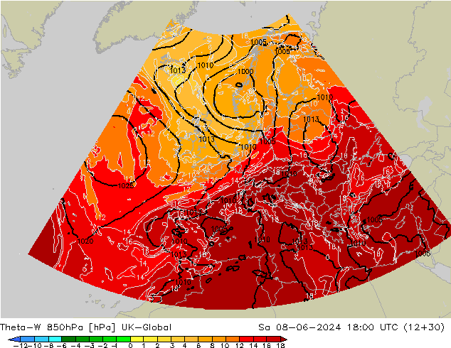 Theta-W 850hPa UK-Global za 08.06.2024 18 UTC