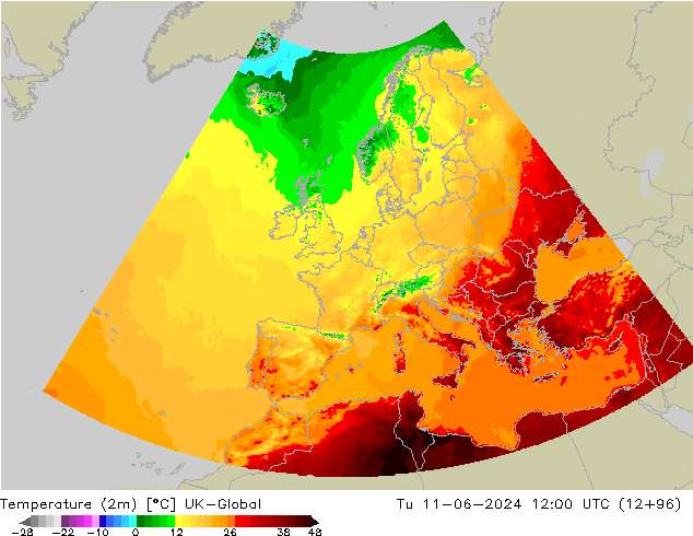 Temperature (2m) UK-Global Tu 11.06.2024 12 UTC