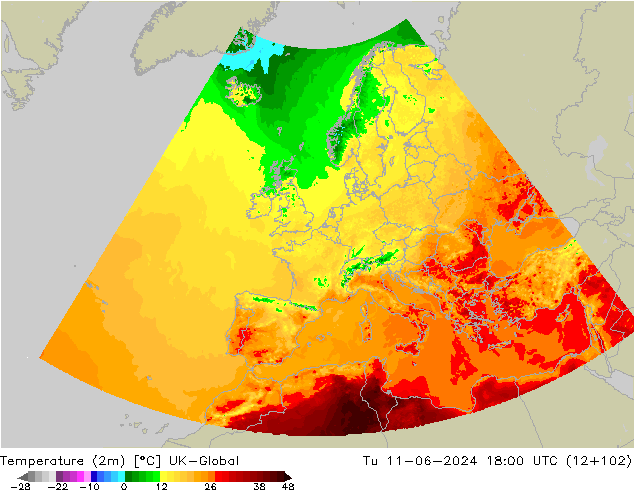 Temperatura (2m) UK-Global mar 11.06.2024 18 UTC