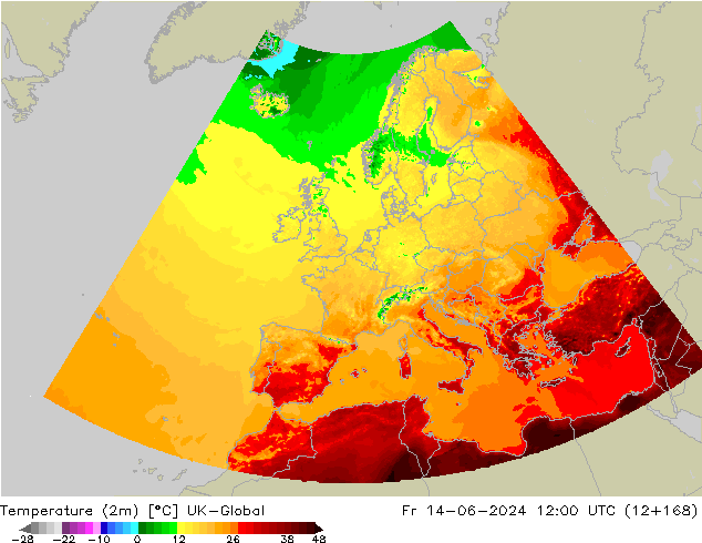 Temperatura (2m) UK-Global vie 14.06.2024 12 UTC