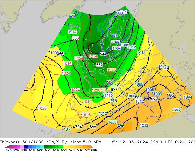 Thck 500-1000hPa UK-Global śro. 12.06.2024 12 UTC
