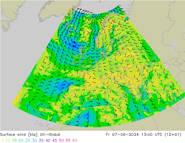 Surface wind UK-Global Fr 07.06.2024 13 UTC