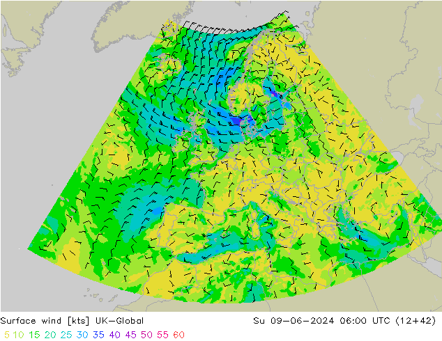 Surface wind UK-Global Ne 09.06.2024 06 UTC