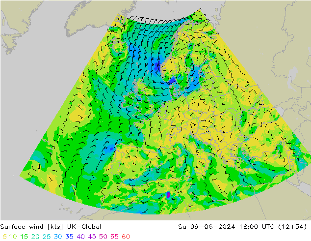 Vento 10 m UK-Global Dom 09.06.2024 18 UTC