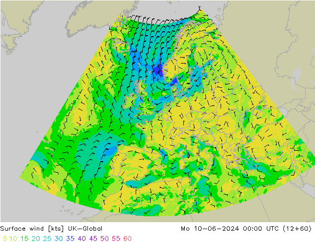 Surface wind UK-Global Mo 10.06.2024 00 UTC