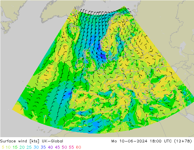 Surface wind UK-Global Mo 10.06.2024 18 UTC