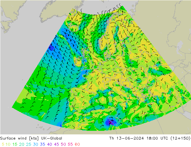 Surface wind UK-Global Čt 13.06.2024 18 UTC