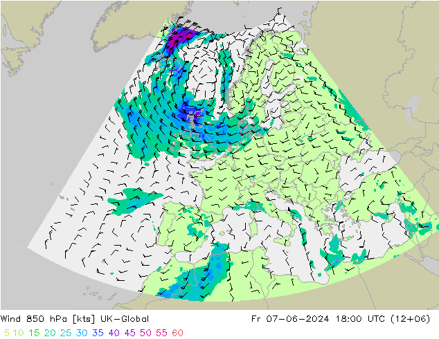 Wind 850 hPa UK-Global Fr 07.06.2024 18 UTC
