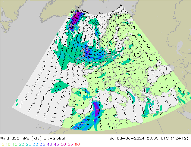 Vento 850 hPa UK-Global Sáb 08.06.2024 00 UTC