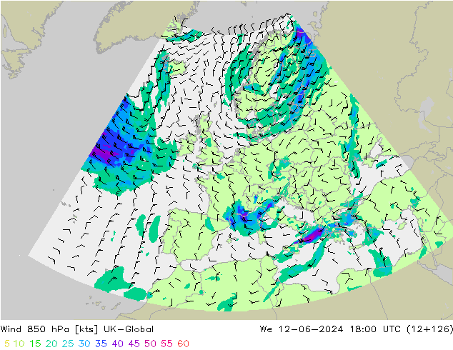 Wind 850 hPa UK-Global We 12.06.2024 18 UTC