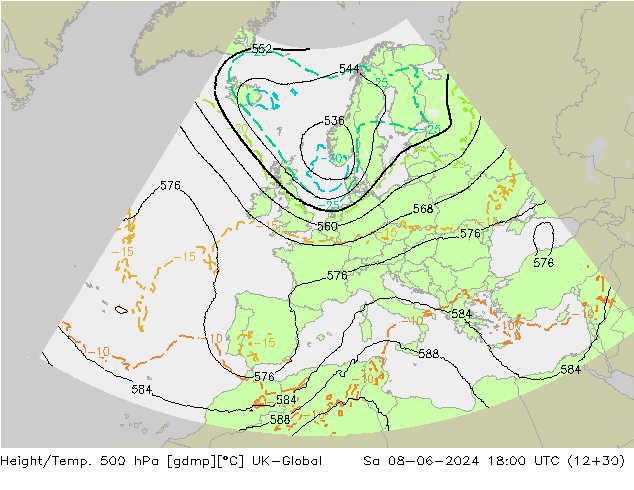 Geop./Temp. 500 hPa UK-Global sáb 08.06.2024 18 UTC