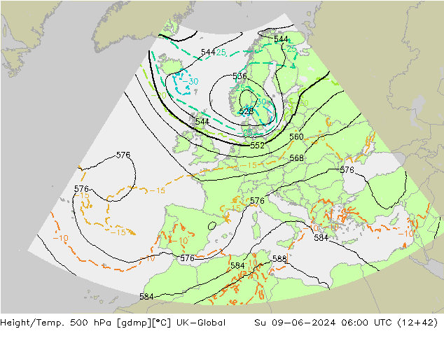 Height/Temp. 500 hPa UK-Global So 09.06.2024 06 UTC