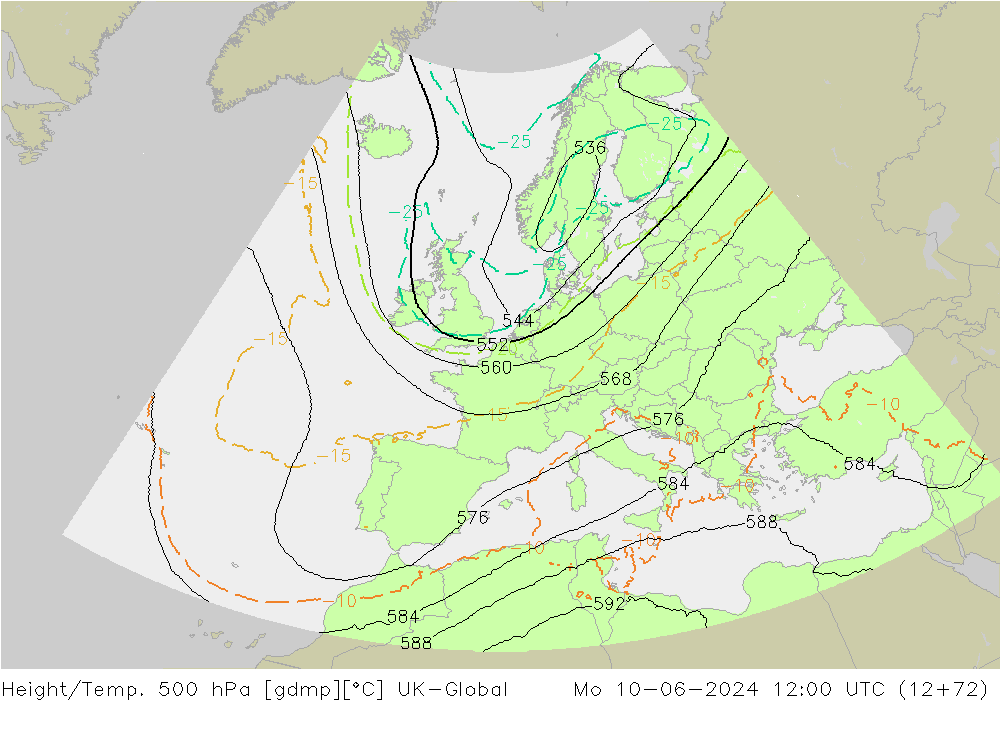 Height/Temp. 500 hPa UK-Global pon. 10.06.2024 12 UTC