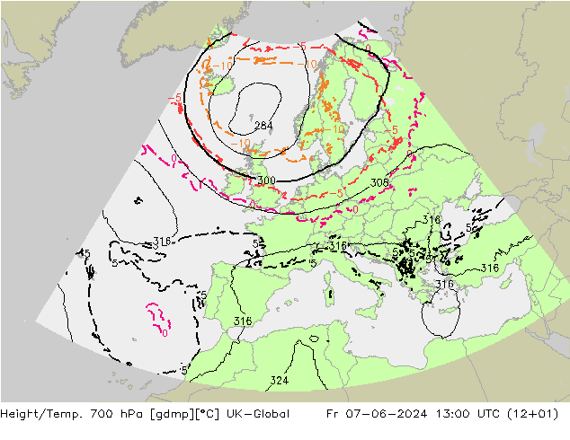 Height/Temp. 700 hPa UK-Global Fr 07.06.2024 13 UTC