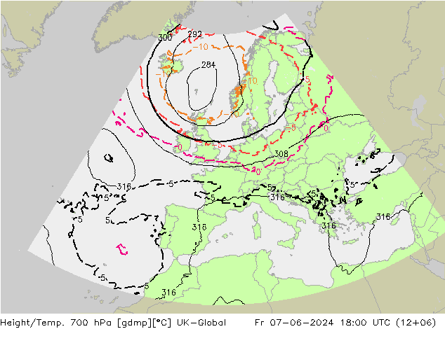 Height/Temp. 700 гПа UK-Global пт 07.06.2024 18 UTC