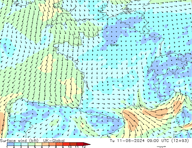 Surface wind (bft) UK-Global Tu 11.06.2024 09 UTC