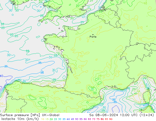 Isotachs (kph) UK-Global Sa 08.06.2024 12 UTC