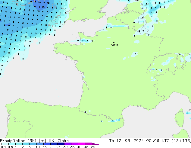 Precipitation (6h) UK-Global Th 13.06.2024 06 UTC