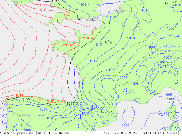 Surface pressure UK-Global Su 09.06.2024 15 UTC