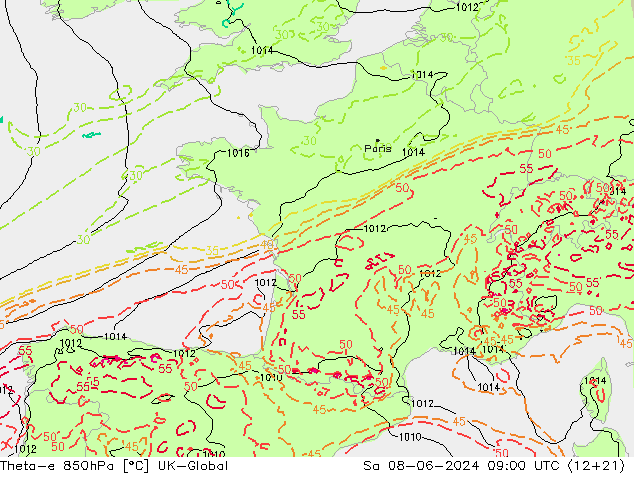 Theta-e 850hPa UK-Global sáb 08.06.2024 09 UTC