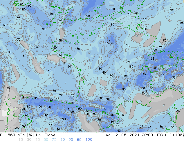 RH 850 гПа UK-Global ср 12.06.2024 00 UTC