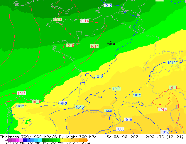 Thck 700-1000 hPa UK-Global sam 08.06.2024 12 UTC
